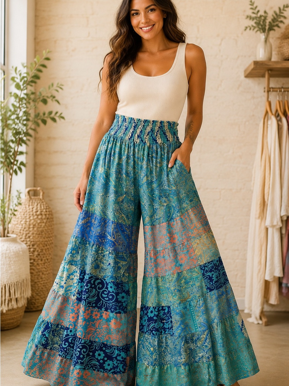 Rising International Blue & Teal Patchwork Wide-Leg Palazzo Pants